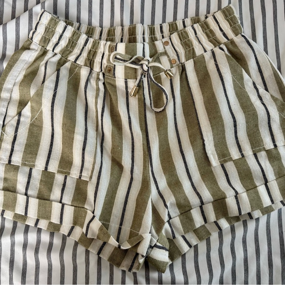 Olive and White Striped High Waist Women's Shorts